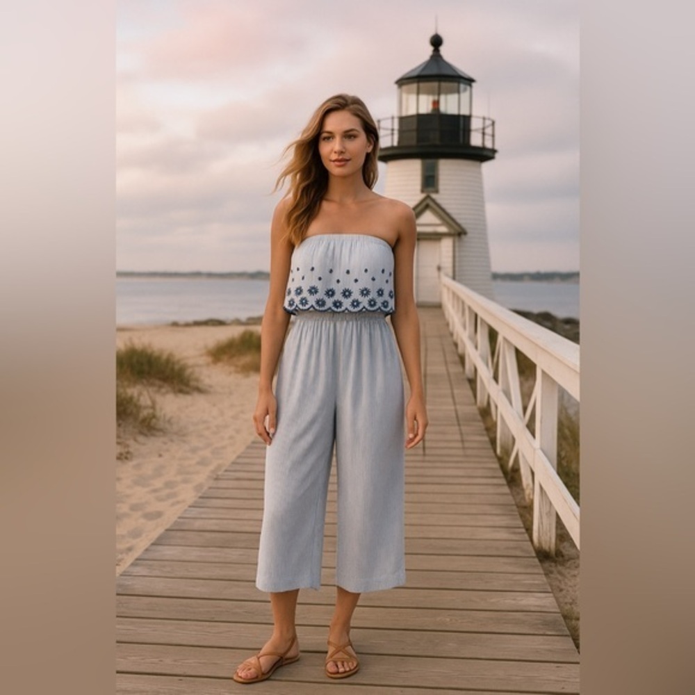 Jessica Simpson Blue White Striped Eyelet Strapless Jumpsuit Coastal EUC M #1979